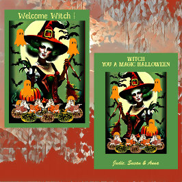 Welkom heks spookachtige nacht glanzende Jack O la Feestdagenkaart