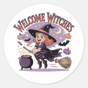 Welkom Heksen - Schattige Halloween Heks Ronde Sticker