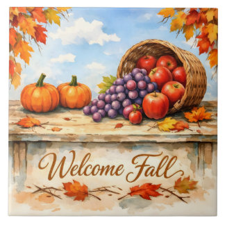 Welkom Herfst Aquarel Fruitmand en Pompoenen Tegeltje