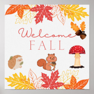 Welkom Herfst Cute Forest Animals en Leaves Poster