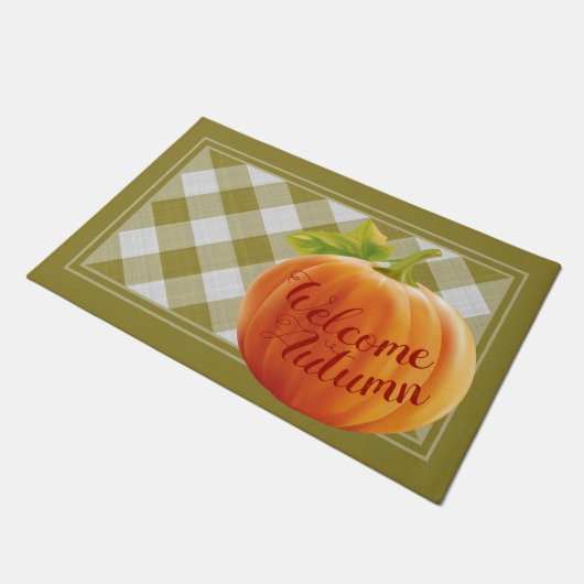 Welkom herfst Harvest Pumpkin op Gingham Deurmat (Schuin)