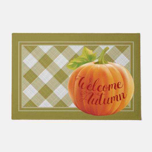 Welkom herfst Harvest Pumpkin op Gingham Deurmat (Voorkant)