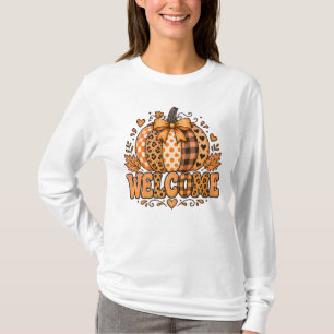 Welkom Herfst Luipaard Patchwork Pompoen Boog Oogs T-shirt