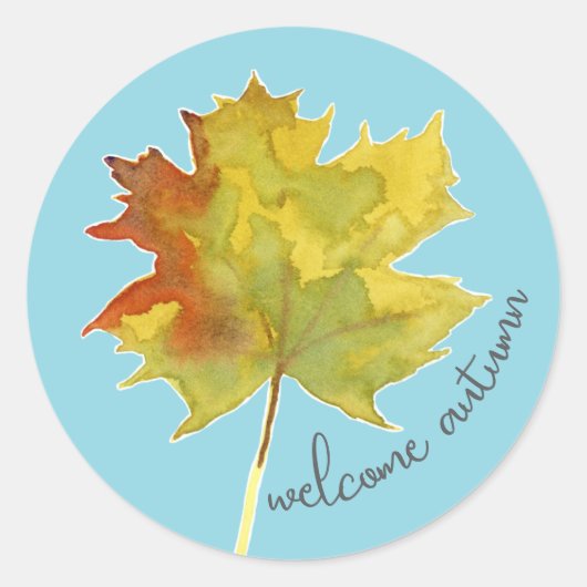 Welkom Herfst Maple Leaf Waterverf Blauw Ronde Sticker (Voorkant)