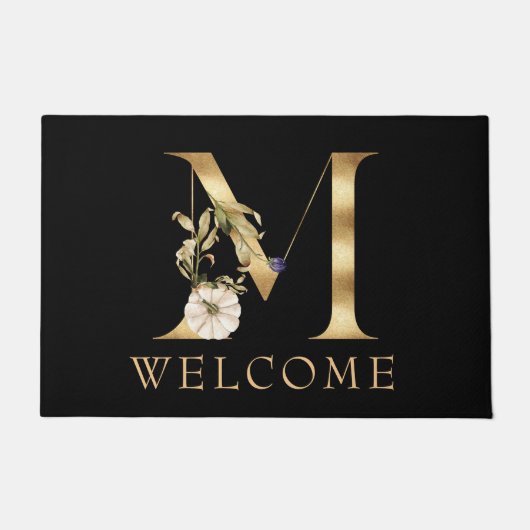 WELKOM Herfst Monogram M met pompoenen Doormat Deurmat (Voorkant)