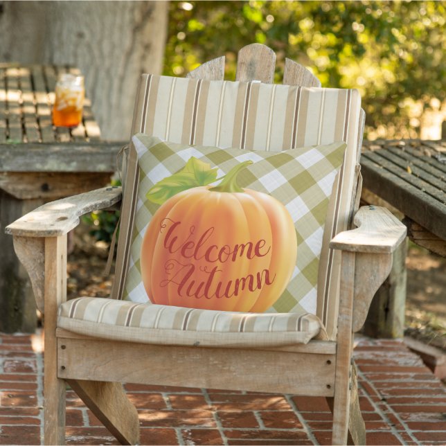 Welkom Herfst Oogst Pompoen Op Gingham Buitenkussen (Stoel)