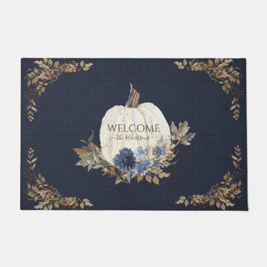 Welkom Herfst Pumpkin Foliage Blue Floral Deurmat (Voorkant)