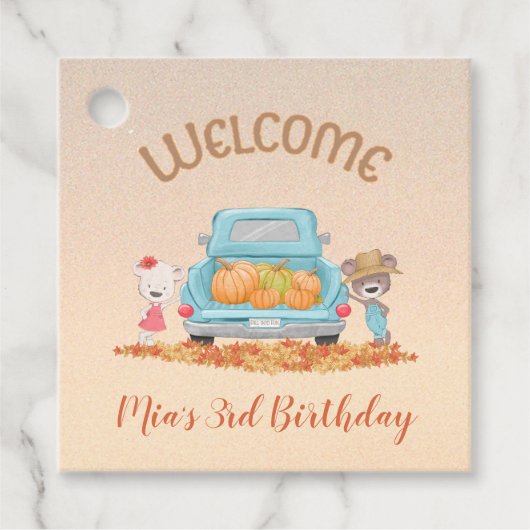 WELKOM Herfst Thema Beren Truck Pompoenen Bladeren Bedankjes Labels (Voorkant)