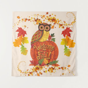 Welkom Herfst Uil Herfstbladeren Selfie Achtergron Wandkleed
