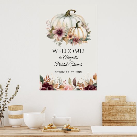 Welkom Herfst Witte Pompoen Bloemen Vrijgezellenfe Poster (Keuken)