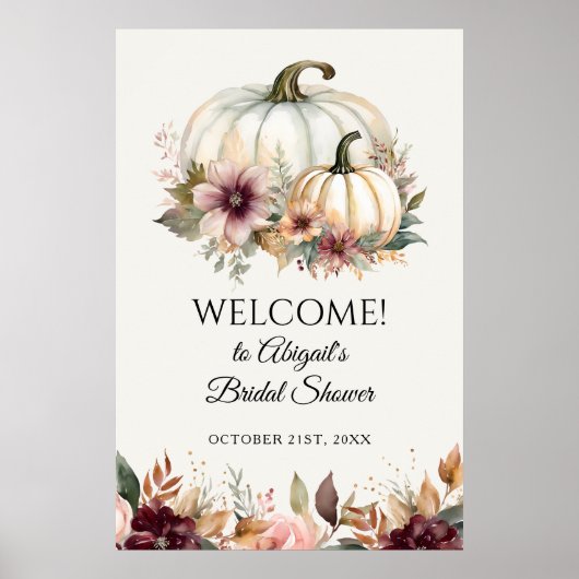Welkom Herfst Witte Pompoen Bloemen Vrijgezellenfe Poster (Voorkant)