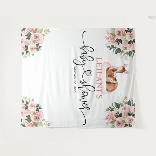 Welkom Herten Baby shower Roze Bloemenachtergrond Wandkleed (Voorkant (horizontaal))