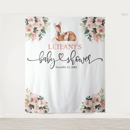 Welkom Herten Baby shower Roze Bloemenachtergrond Wandkleed (Voorkant)