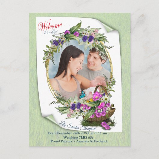 Welkom, het is een lentesbaby-meisje aankondigingskaart (Voorkant)