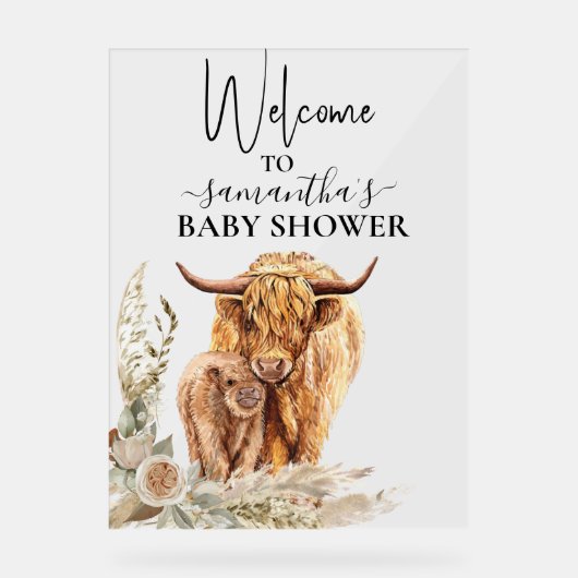 Welkom Highland Koe Calf Baby shower Boho Acryl Bord (Voorkant)