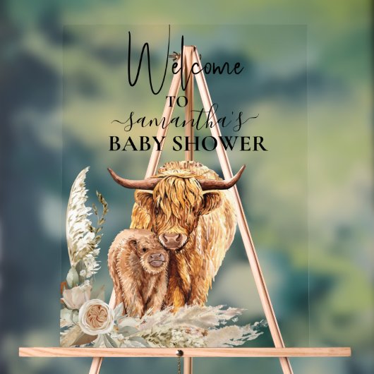 Welkom Highland Koe Calf Baby shower Boho Acryl Bord (Neutraal)