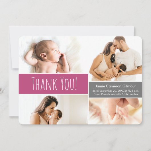 Welkom Home Baby Meisje Fotocollage Roze Bedankkaart (Voorkant)