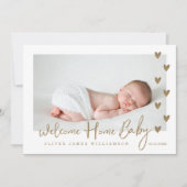 Welkom Home Baby Moderne Minimale Gold Hearts Foto Aankondiging (Voorkant)