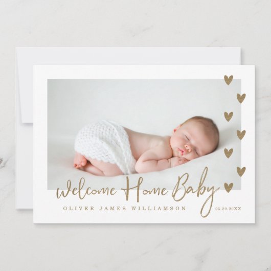 Welkom Home Baby Moderne Minimale Gold Hearts Foto Aankondiging (Voorkant)