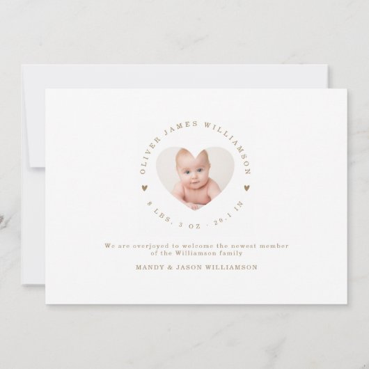 Welkom Home Baby Moderne Minimale Gold Hearts Foto Aankondiging (Achterkant)