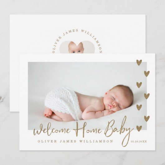 Welkom Home Baby Moderne Minimale Gold Hearts Foto Aankondiging (Voorkant / Achterkant)