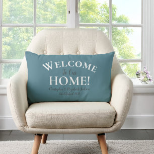 Welkom Home Elegant Calligraphy Chic Blauwgroen Kussen