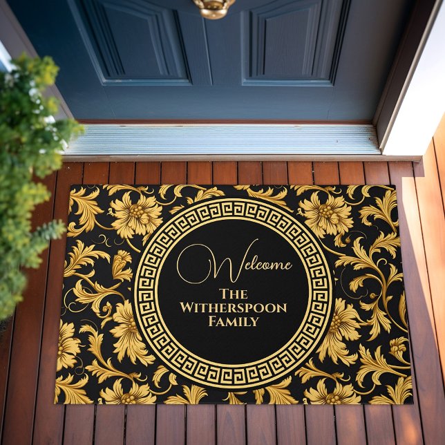Welkom Home Familienaam Zwart Goud Classy Elegant Deurmat (Welcome Home Family Name Black Gold Classy Elegant Doormat)