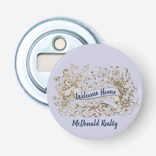 Welkom Home Gold Floral Banner Realtor Promo Button Flesopener (Voorkant)