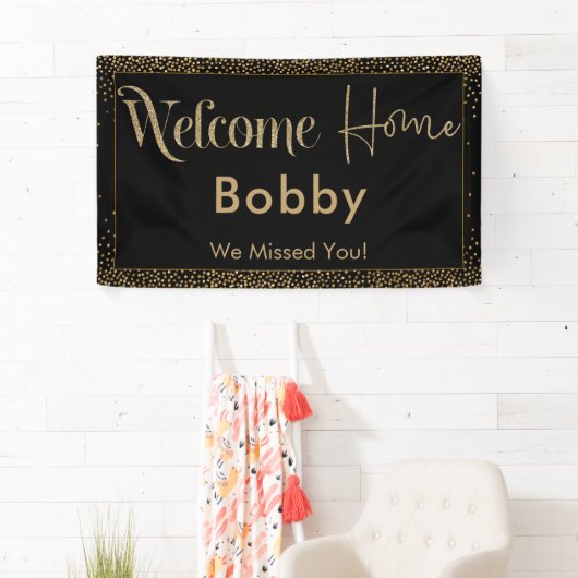 Welkom Home Goud Confetti, Zwart Spandoek (Insitu)