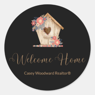 Welkom Home Realtor Gepersonaliseerd in zwarte kle Ronde Sticker