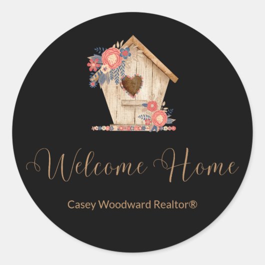 Welkom Home Realtor Gepersonaliseerd in zwarte kle Ronde Sticker (Voorkant)