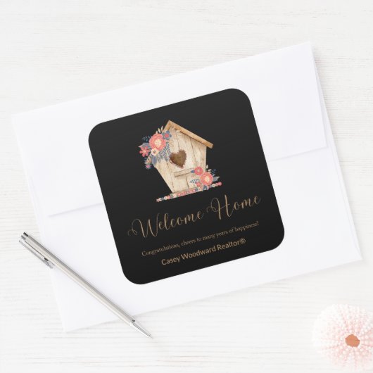 Welkom Home Realtor Gepersonaliseerd in zwarte kle Vierkante Sticker (Envelop)