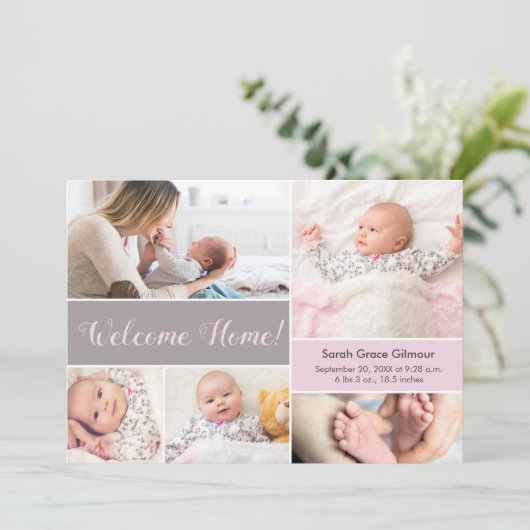 Welkom Home Roze Grijs Aangepaste baby meisje foto Bedankkaart (Staand voorkant)