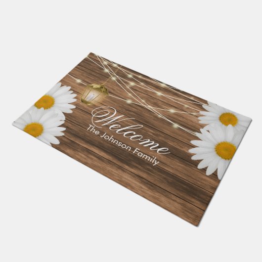 Welkom - Hout, Lantern en Daisies Deurmat (Schuin)