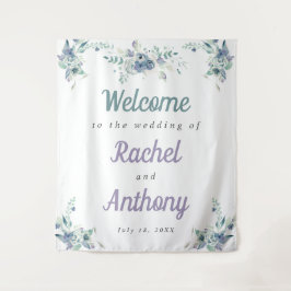 Welkom Huwelijk Blauwe Bloemen Paarse Waterverf Wandkleed