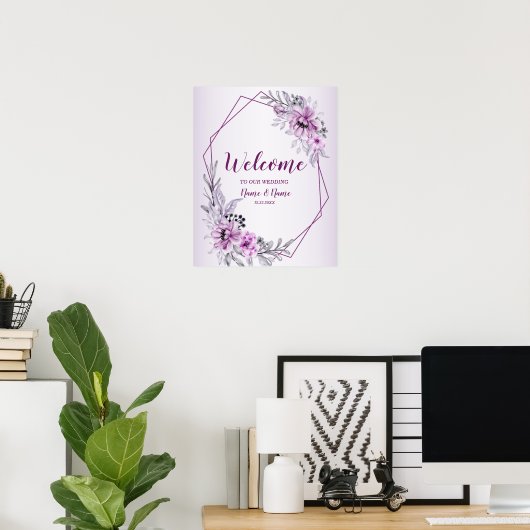 Welkom Huwelijk Feest Roze Bloem Violet Paars Poster (Thuiskantoor)