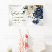 Welkom Huwelijk Marine Blauw Wit Gouden Bloem Spandoek (Insitu)