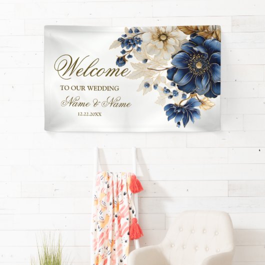 Welkom Huwelijk Marine Blauw Wit Gouden Bloem Spandoek (Insitu)