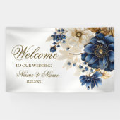 Welkom Huwelijk Marine Blauw Wit Gouden Bloem Spandoek (Horizontaal)