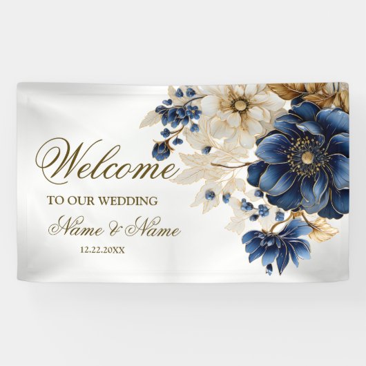 Welkom Huwelijk Marine Blauw Wit Gouden Bloem Spandoek (Horizontaal)