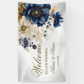 Welkom Huwelijk Marine Blauw Wit Gouden Bloem Spandoek (Verticaal)