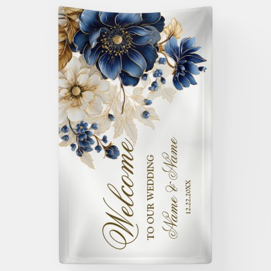 Welkom Huwelijk Marine Blauw Wit Gouden Bloem Spandoek (Verticaal)
