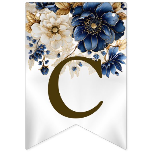 Welkom Huwelijk Marine Blauw Wit Gouden Bloem Vlaggetjes (Eerste vlag)