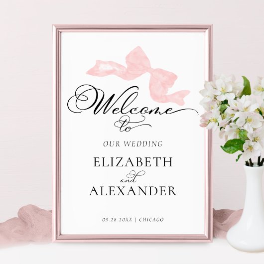 Welkom huwelijksborden | Pink Bow-kalligrafie Poster