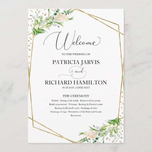Welkom Huwelijksceremonie Programma Elegant Groen Programmakaart (Voorkant)