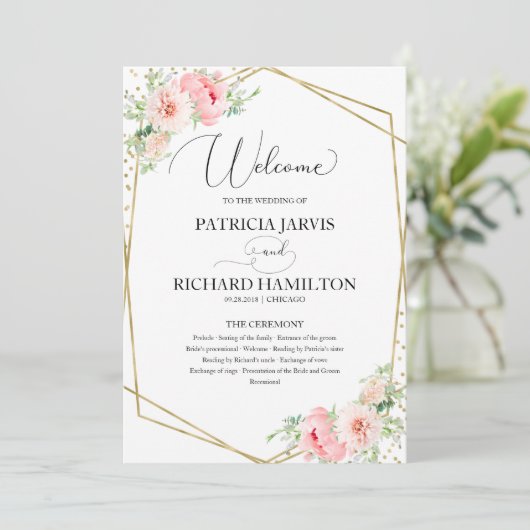 Welkom Huwelijksceremonie Programma Elegante Bloem Programmakaart (Staand voorkant)
