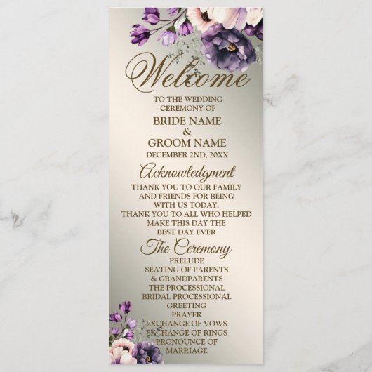 Welkom Huwelijksfeest Paarse Roze Bloemen Golden Programmakaart (Voorkant)