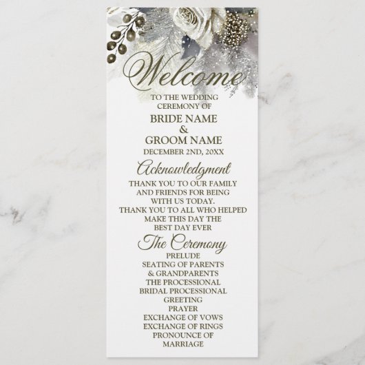 Welkom Huwelijkspartij Zilveren Gouden Witte Rozen Programmakaart (Voorkant)