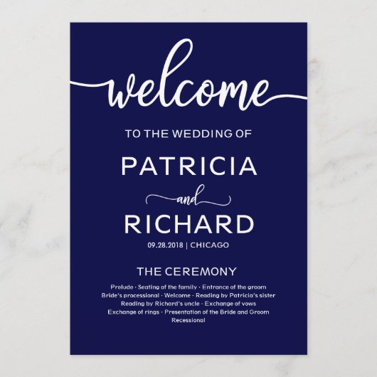 Welkom Huwelijksprogramma Kalligrafie Navy Blue Programmakaart (Voorkant)
