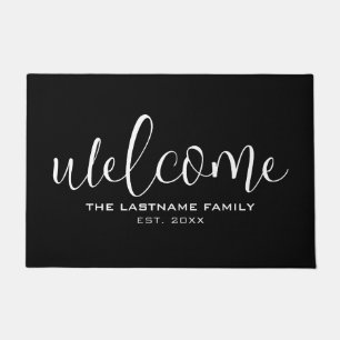 Welkom in Big Script met familienaam Black White Deurmat